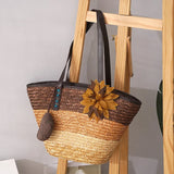 Große Strohtasche Damen – Handgefertigte Strandtasche mit Vegan-Leder-Trägern – Braun