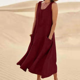 Tina™ - Sommer Leinenkleid – Burgunder