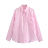 Damen Streifen Kragen Lang Bluse – Rosa