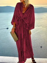 Damen Wickel Pailletten Kleid – Weinrot