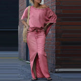 Capri Bleu™ Set mit Asymmetrischem Oberteil und Leichtem Jeansrock – Pink