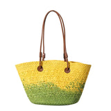 Französische Luxus Strandtasche Damen – Handgefertigte Raffia Sommertasche – Gelb mit Grün