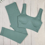 Nahtloses, Hochgeschnittenes Yoga und Fitness Outfit – blau-grün