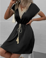 Eleni | V-Ausschnitt Drapiert Boho-Kleid – Schwarz