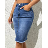 Damen Hoher Taille Knie-Länge Bleistift Jeansrock – Blau