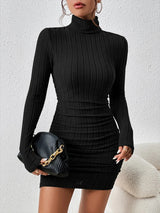 Selena Geripptes Rollkragen Bodycon Minikleid – Schwarz
