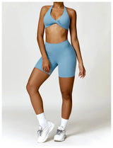 Sportedly 2-teiliges Damen Yoga Outfit: Nahtloser Sport-BH, Sexy Gym Shorts & Leggings – Blau