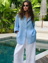 Damen Bluse Leinen Elegant – Luftig & Stilvoll – Hellblau