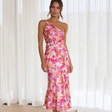 Elegantes Blumen-Midikleid mit One-Shoulder-Träger – Rosa