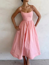 Damen Midi-Kleid mit Spaghettiträgern – Luftig, Stilvoll & Vielseitig – Rosa