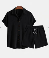 Jorvian - Strukturiertes Set aus Sommerhemd und Shorts – Schwarz