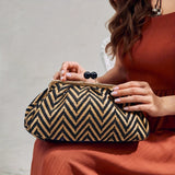 Damen Elegante Gestreifte Handtasche Mit Schwarzem Perlenverschluss Und Abnehmbaren Schulterriemen – SCHWARZBRUNNEN