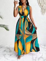 Nina | Damen Maxi-Kleid V-Ausschnitt Colorblock Print Elegant – Mehrfarbig