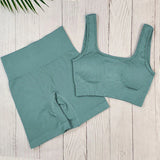 Nahtloses, Hochgeschnittenes Yoga und Fitness Outfit – U blau Kurz set