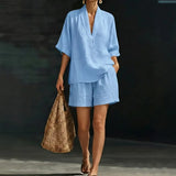 Ayla™ Baumwoll-Leinen-Set mit V-Ausschnitt-Bluse – Blau