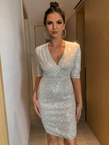 Olivia - Kleid mit Pailletten und V-Ausschnitt – Weiß