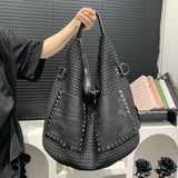 Damen Retro Mesh Patchwork Leder Tote Tasche – Große Kapazität Umhängetasche für Alltag – Schwarz