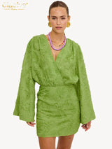 Clacive Herbst Lose Gelb Casual Frauen Kleider 2024 Sexy V-ausschnitt Langarm Mini Kleid Elegante Klassische Hohe Taille Weibliche Kleid – green