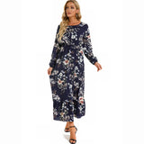 Damen Boho Maxikleid mit Blumenmuster | Langarm – Marineblau
