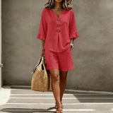 Helene™ Leinen-Baumwoll-Set Mit V-Ausschnitt Und Locker Fallender Shorts – Rot