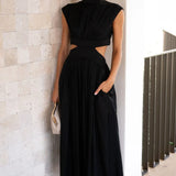Aztrid – Elegantes Midikleid mit Cut-outs und Taschen – Schwarz