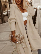 Jasmine - 2025 Lässiger offener Strickmantel mit Kapuze in mittlerer Länge Strickmantel – Beige