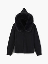 Damen Strickjacke Grau mit Kapuze und Kunstpelz – Warme Winterjacke – Schwarz