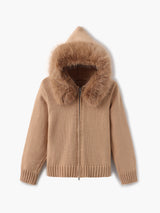 Damen Strickjacke Grau mit Kapuze und Kunstpelz – Warme Winterjacke – Braun