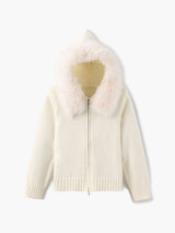 Damen Strickjacke Grau mit Kapuze und Kunstpelz – Warme Winterjacke – Creme