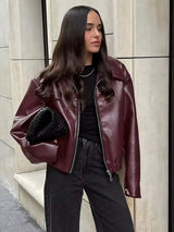 Damen Kunstlederjacke im Oversize-Look – Modische Übergangsjacke mit Reißverschluss – Burgundisch