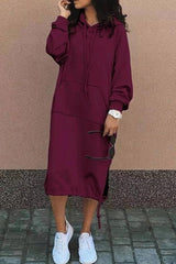 Damen Lange Kapuzenpullover Kleid | Langarm – Wein Rot