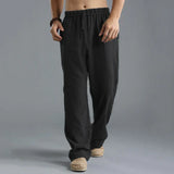 Sommerhose – Herren-Leinenhose mit geradem Bein, lockerer Passform und Kordelzug in der Taille – Schwarz