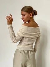 Damen Schulterfrei Lang Shirt – Beige