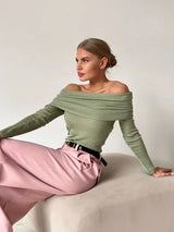 Off-Shoulder Langarmpullover für Damen - Vaeronael – Grün