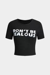 Braelyn | Schwarz Kurzärmelig Cropped T-Shirt mit "Don't Be Jealous"-Print – Schwarz