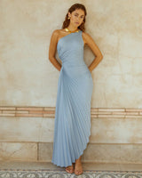 Sylviana - Ein-Schulter Plissiertes Midi-Kleid – Hellblau