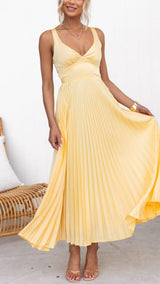 Festliches Damen Maxikleid mit V-Ausschnitt & Plisseerock – Gelb