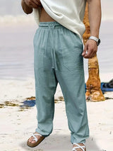 Herren  Elastischer Bund Lange Leinenhose – Grün