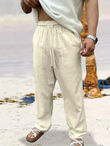 Herren  Elastischer Bund Lange Leinenhose – Beige