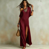 Kleid Velmara™ mit Asymmetrischem Ausschnitt und Elegantem Frontschlitz – Bordeaux
