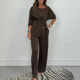 Aurelle™ Premium-Strickset mit Bluse mit Frontschnürung und fließender Hose / Das Wildcard-Teil der modernen Garderobe! – Kaffee