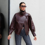 Obsidian™ Jacke aus Hochwertigem, Dickem Leder mit Strukturiertem Stehkragen – Burgunderrot