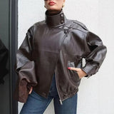 Obsidian™ Jacke aus Hochwertigem, Dickem Leder mit Strukturiertem Stehkragen – Braun
