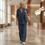 Cartagena™ Set aus Baumwollleinen mit Bluse mit seitlichen Schlitzen – Dunkelblau