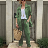 Yasmine™ Baumwoll-Leinen-Set mit Button-down-Hemd und verstellbaren Ärmeln – Grün