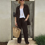 Yasmine™ Baumwoll-Leinen-Set mit Button-down-Hemd und verstellbaren Ärmeln – Schwarz