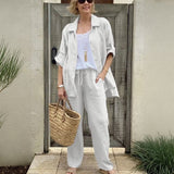 Yasmine™ Baumwoll-Leinen-Set mit Button-down-Hemd und verstellbaren Ärmeln – Weiß