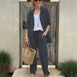 Yasmine™ Baumwoll-Leinen-Set mit Button-down-Hemd und verstellbaren Ärmeln – Blau