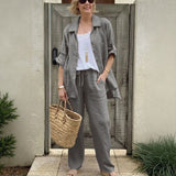 Yasmine™ Baumwoll-Leinen-Set mit Button-down-Hemd und verstellbaren Ärmeln – Grau