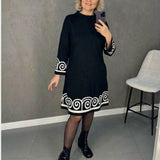Iris™ Midikleid mit Mäander-Saum und ornamentierten Manschetten – Schwarz